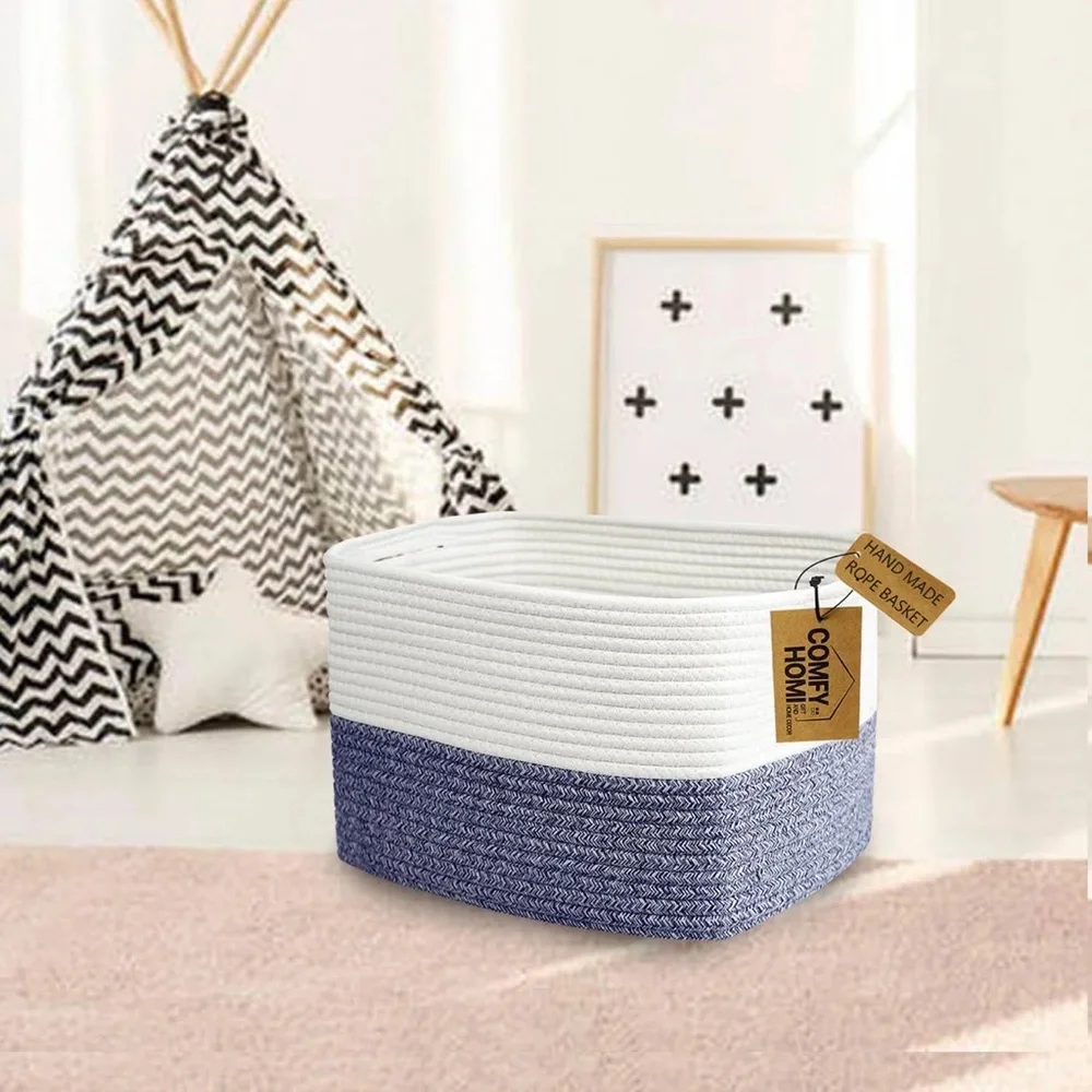 Comfy Homi Navy & White Cotton Rope Woven Storage Basket with Handles Brand New - Picture 4 of 4